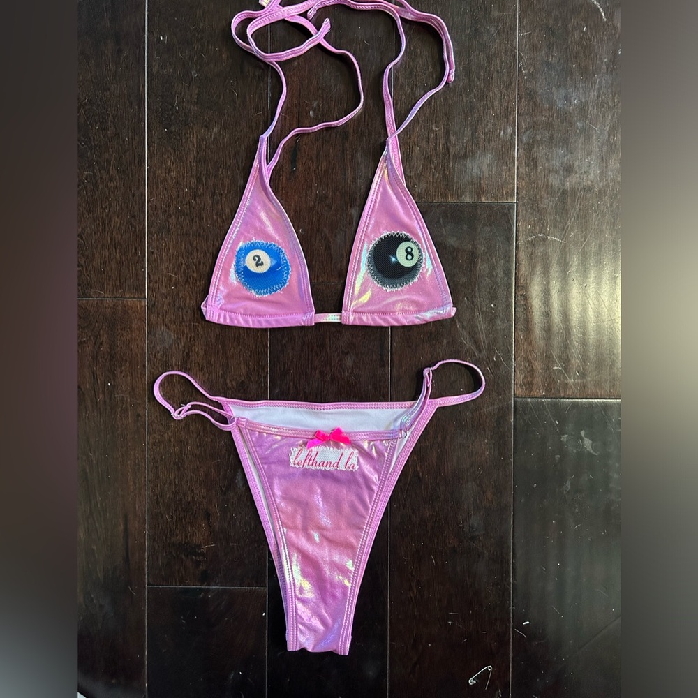 Pink pool bikini New Lefthand LA metalli. 8 ball thong skimpy S, M, L adjustable